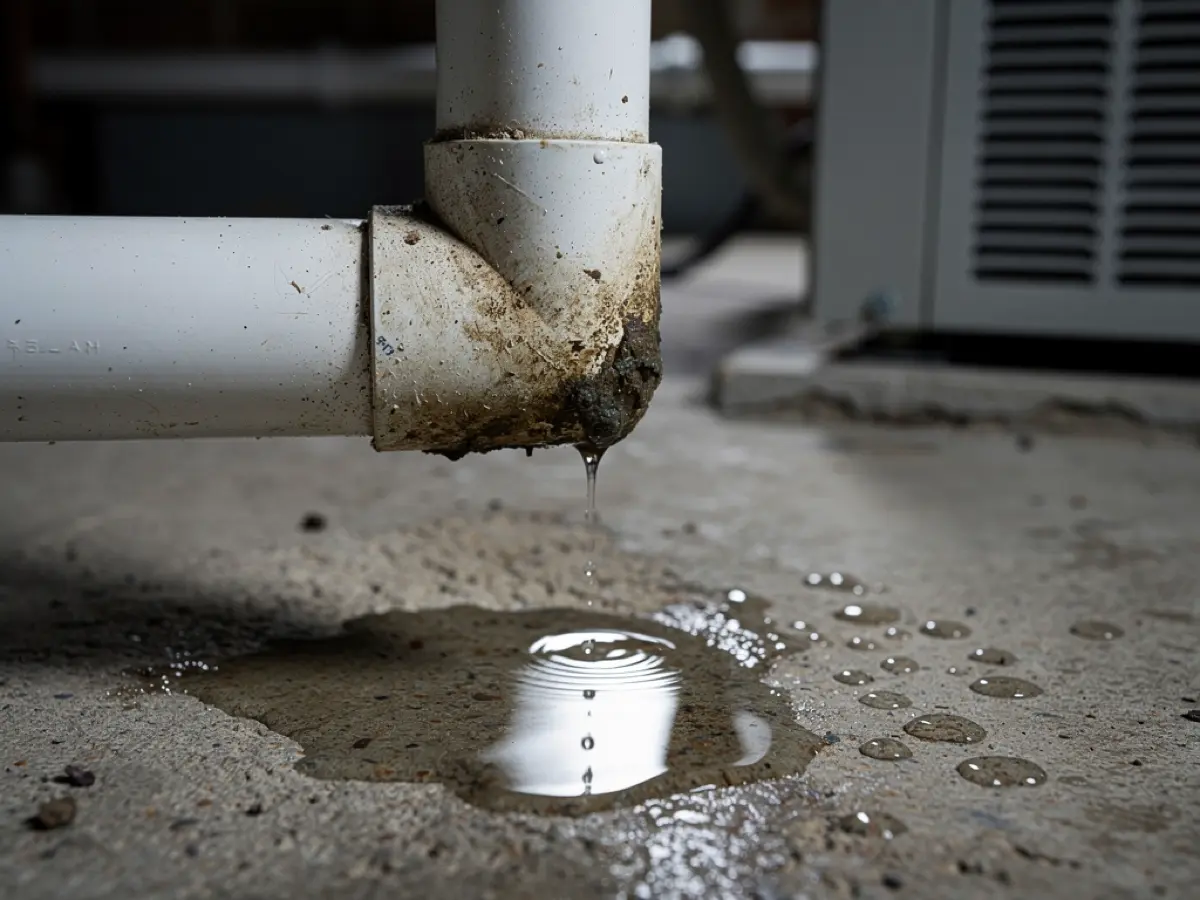 Close-up of a clogged condensate drain line dripping water onto a basement floor
