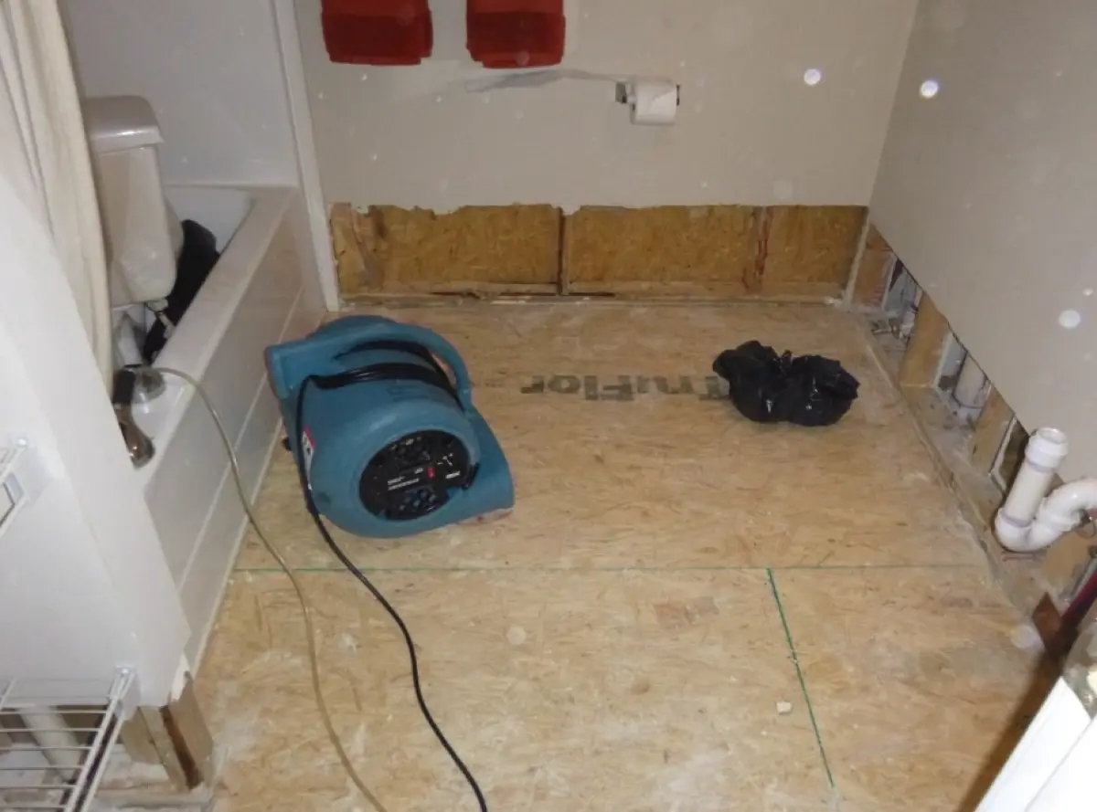 Bathroom with the flooring removed, plywood subfloor exposed around a tub and toilet