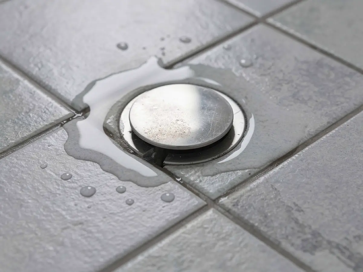 Close-up of a tiled shower pan drain with water pooling around the seal