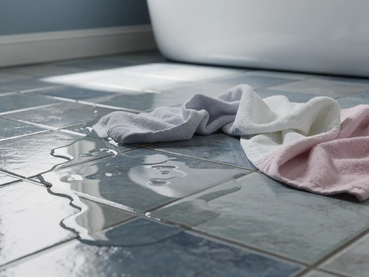 Bathroom tile floor with shallow pooled water and towels after a tub overflow