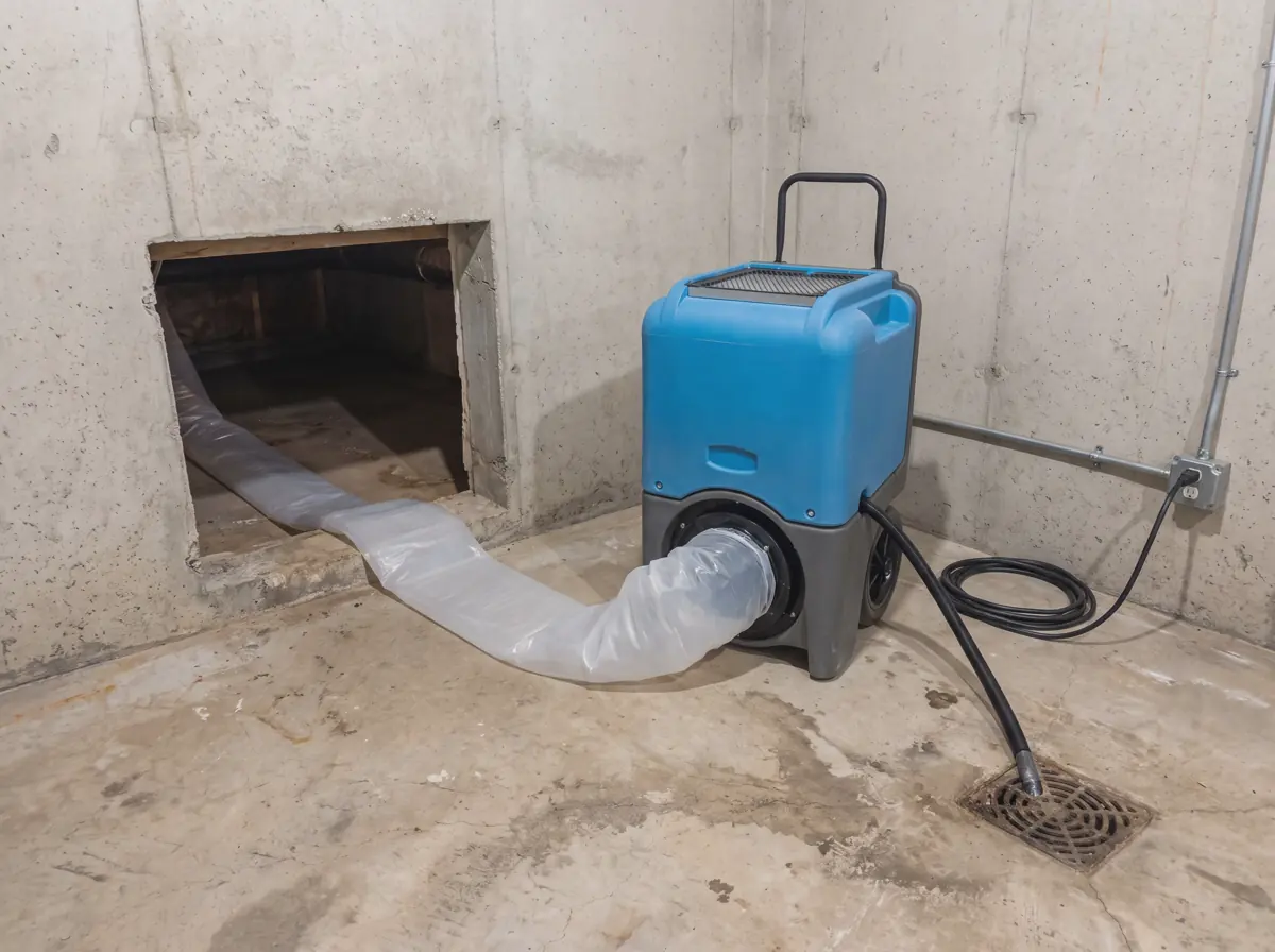 Upright LGR dehumidifier beside a crawl space access opening with lay-flat duct running inside