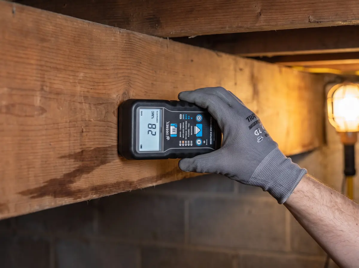 Pinless moisture meter held flat against a damp floor joist, screen reading 28 percent moisture content