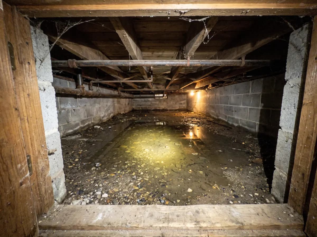 Standing water across the gravel floor of a crawl space under wood floor joists
