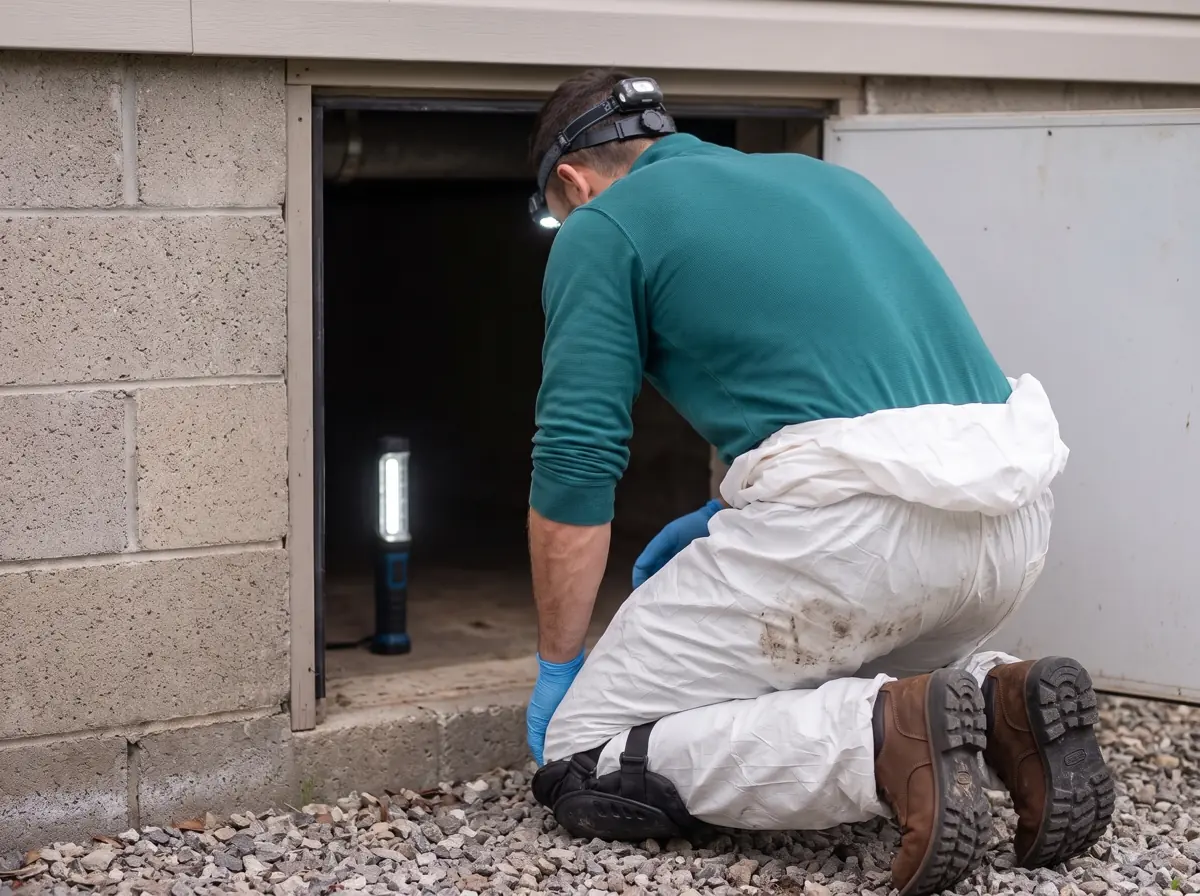 Technician in a teal shirt, coveralls, knee pads and gloves entering a crawl space hatch