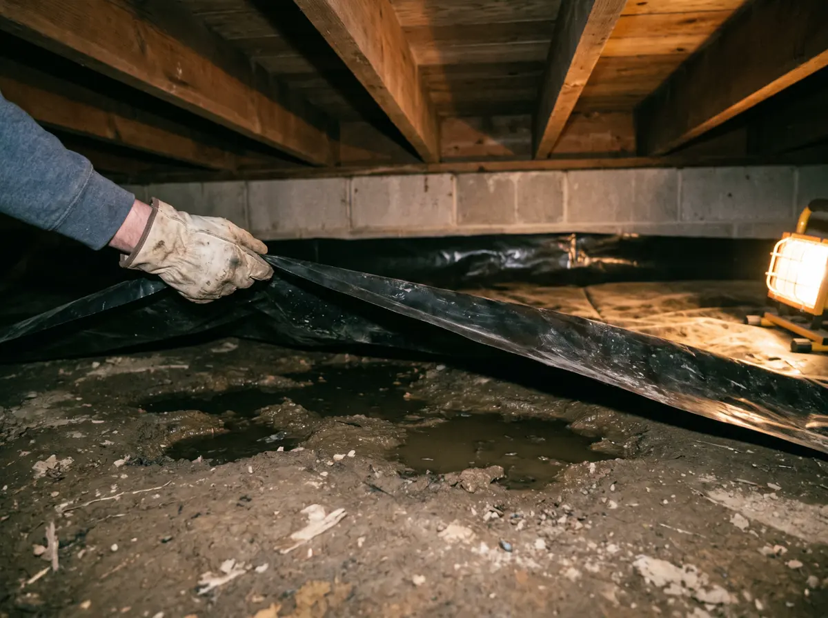 Gloved hand lifting a black plastic vapor barrier to show muddy water trapped underneath
