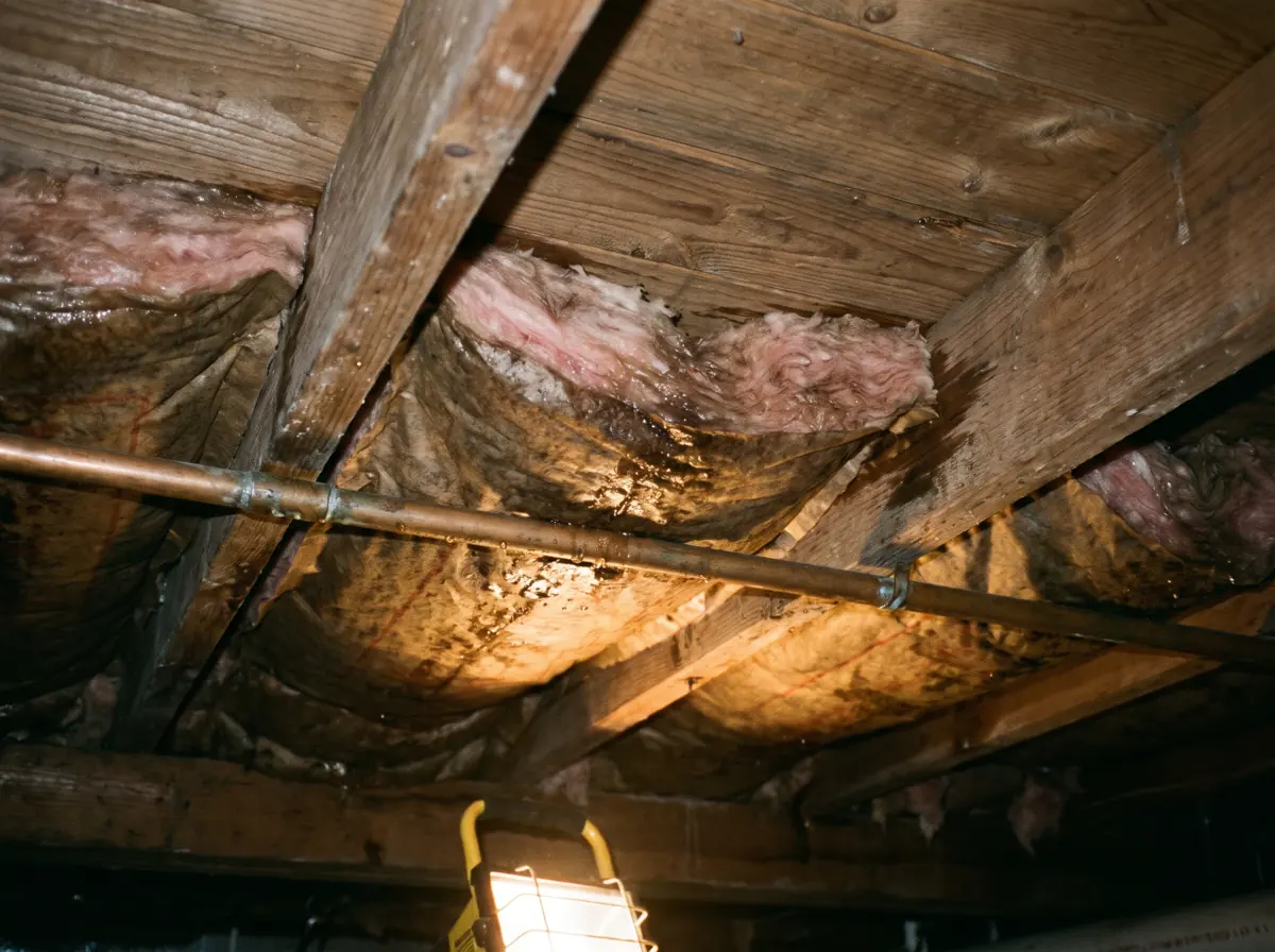 Wet pink fiberglass insulation sagging out of the floor joists above a crawl space