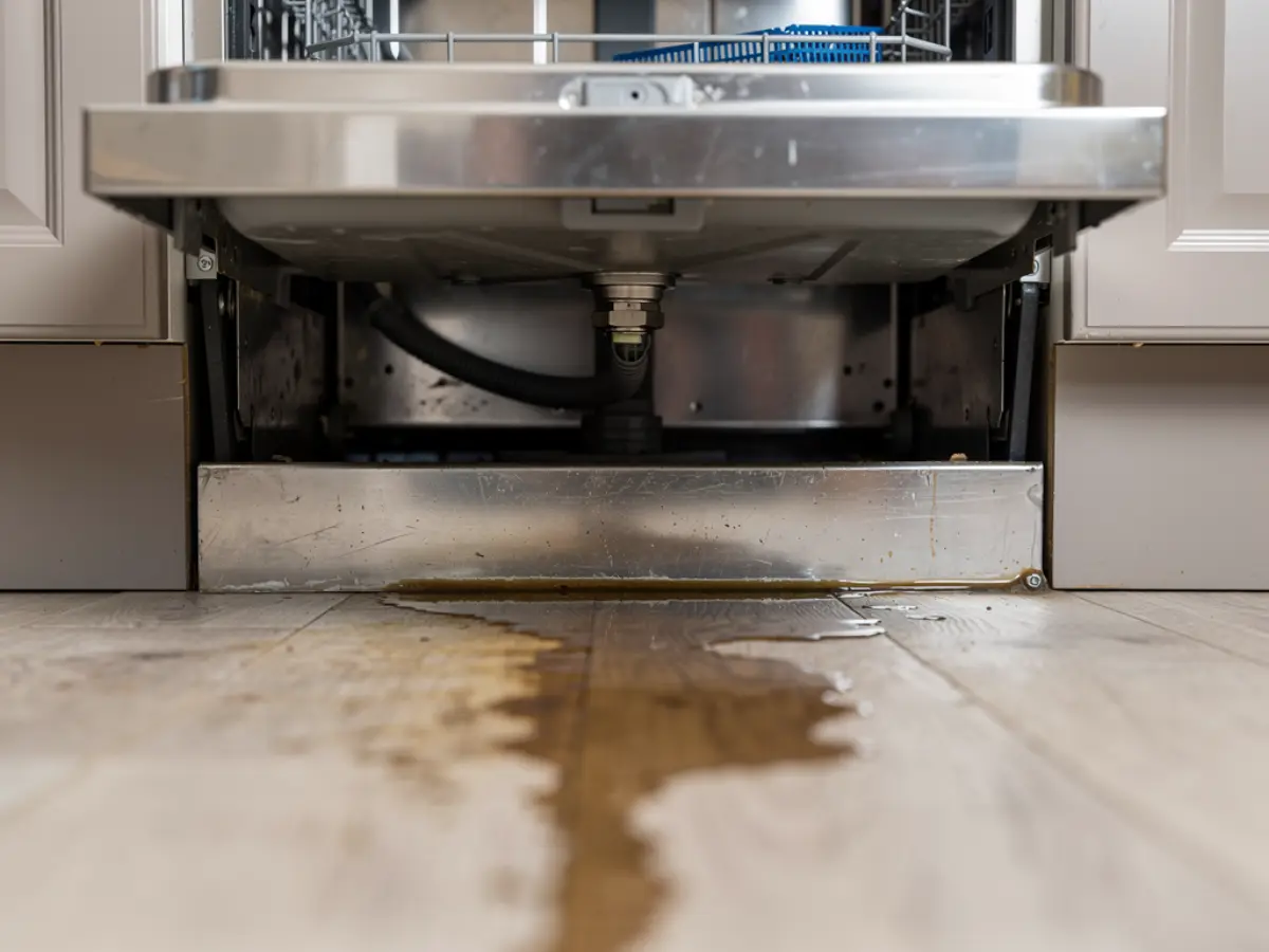 Close-up of a dishwasher base pan and water supply line fitting with the toe-kick panel removed