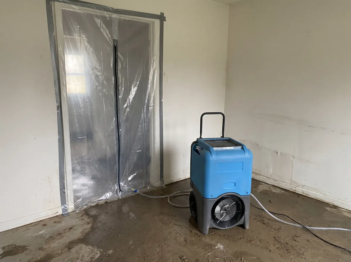Dehumidifier running inside plastic containment in a flooded room
