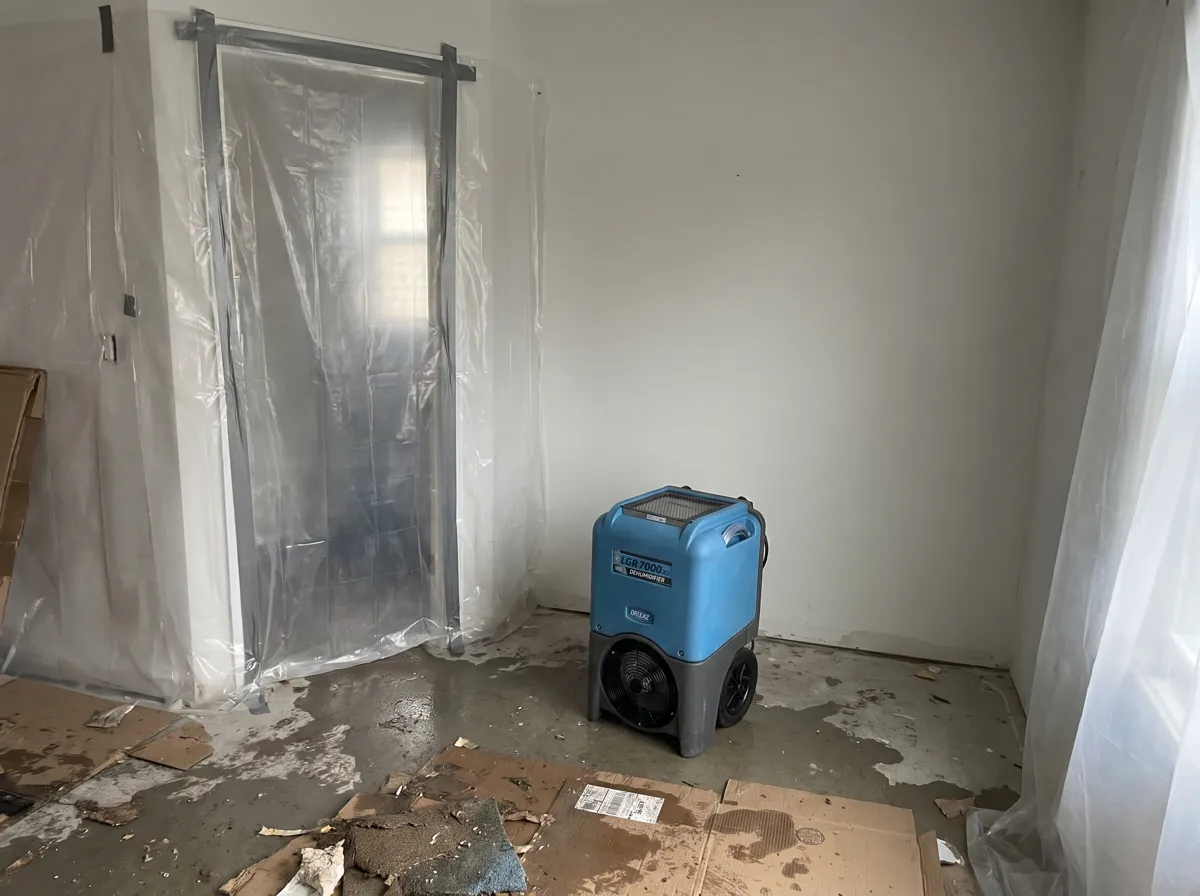 Dehumidifier inside a sealed plastic containment area after water damage