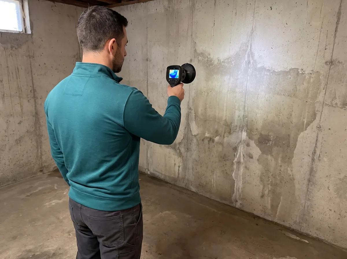 Technician checks a wet basement wall with a thermal camera