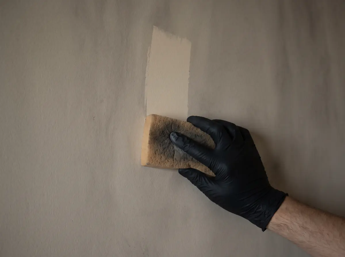Dry chemical sponge lifting gray soot off a painted wall in one clean swipe