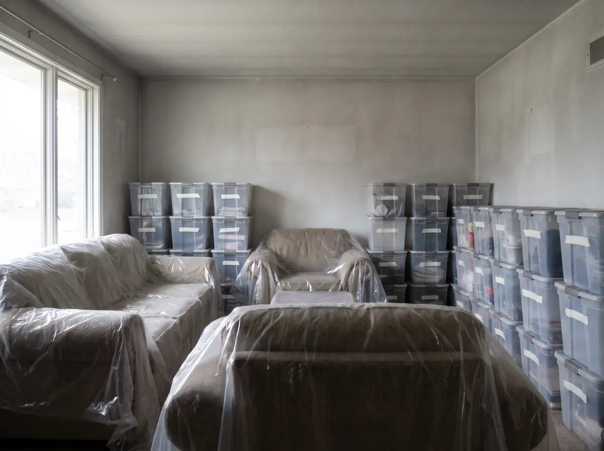Living room with sealed clear storage bins and plastic-wrapped furniture ready for pack-out