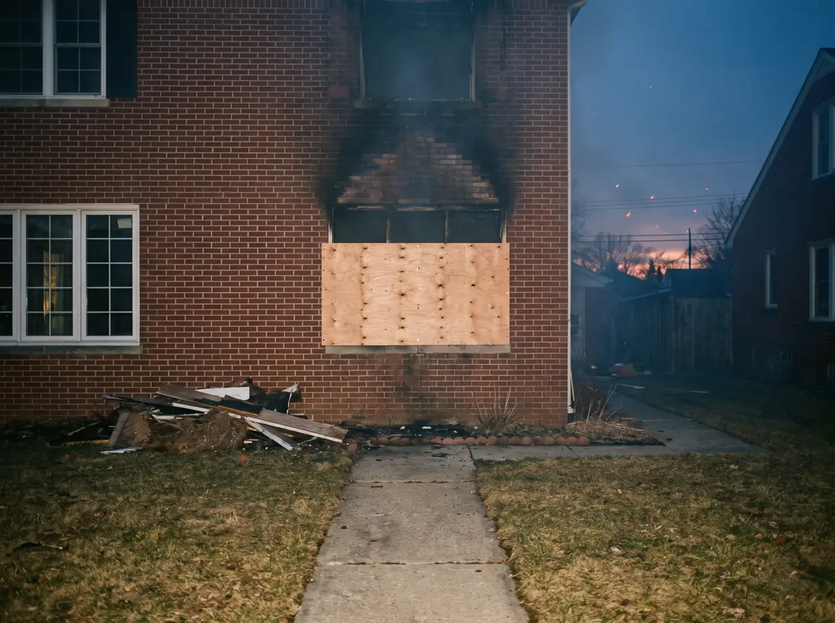 Brick house at dusk with one window boarded with plywood under a smoke stain