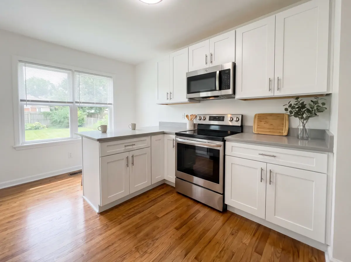 Finished white kitchen with new cabinets, counters and stainless appliances after a rebuild