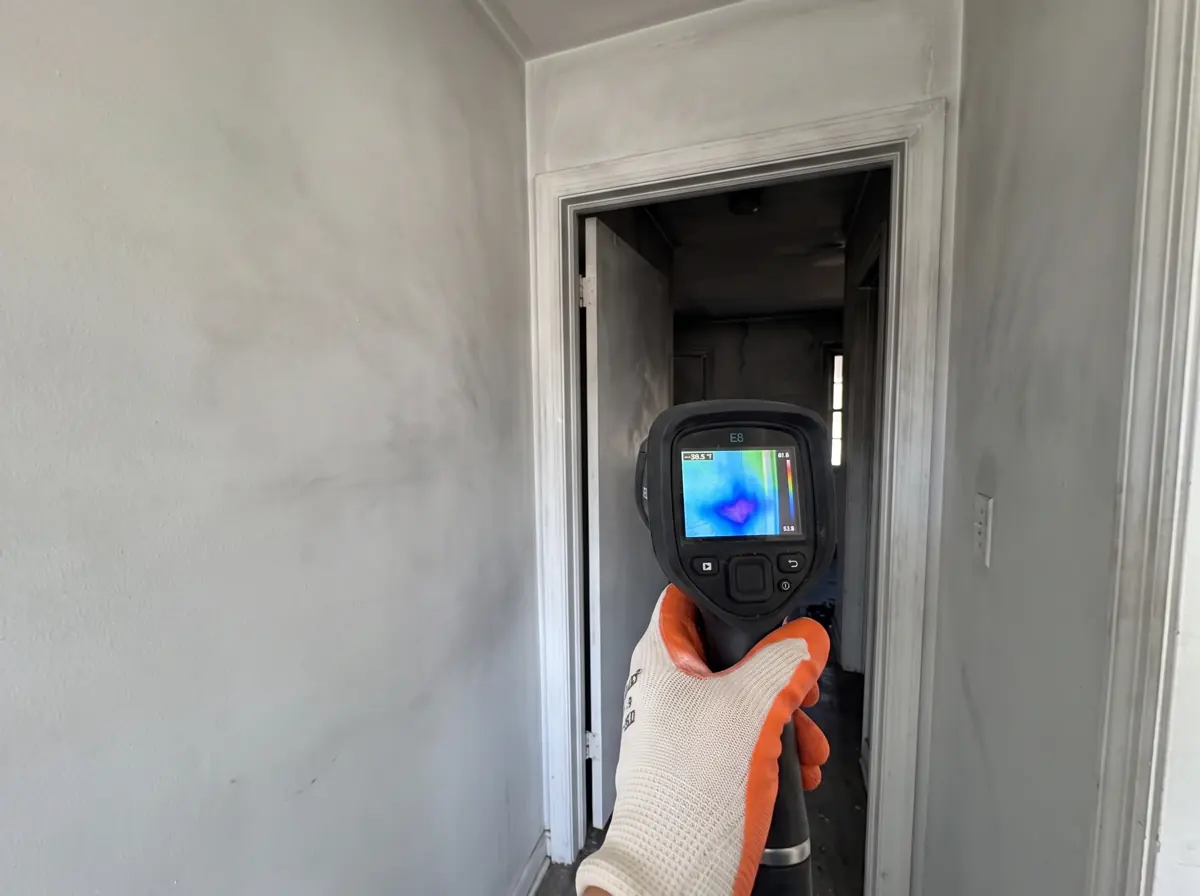 Gloved hand aiming a thermal camera at a hallway wall beside a smoke-damaged room