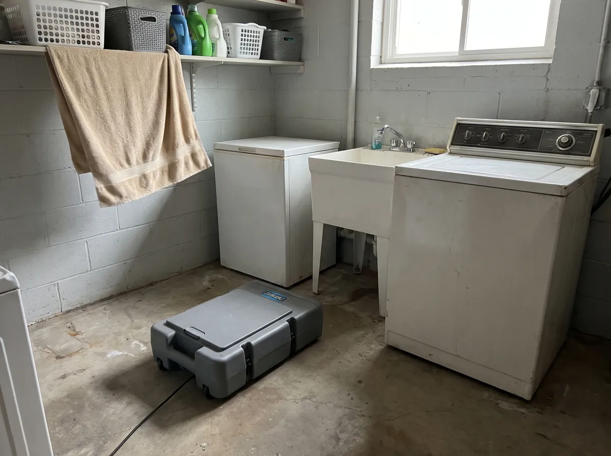 Low air mover drying a wet laundry room floor next to the laundry tub