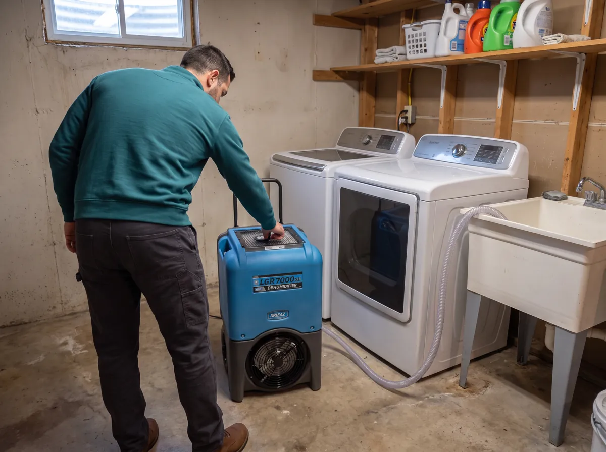 Technician sets a dehumidifier next to the washer and laundry tub