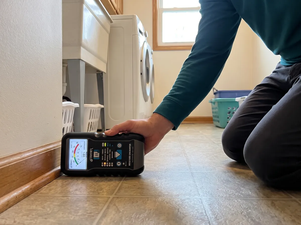 Moisture meter lying flat on a laundry room floor