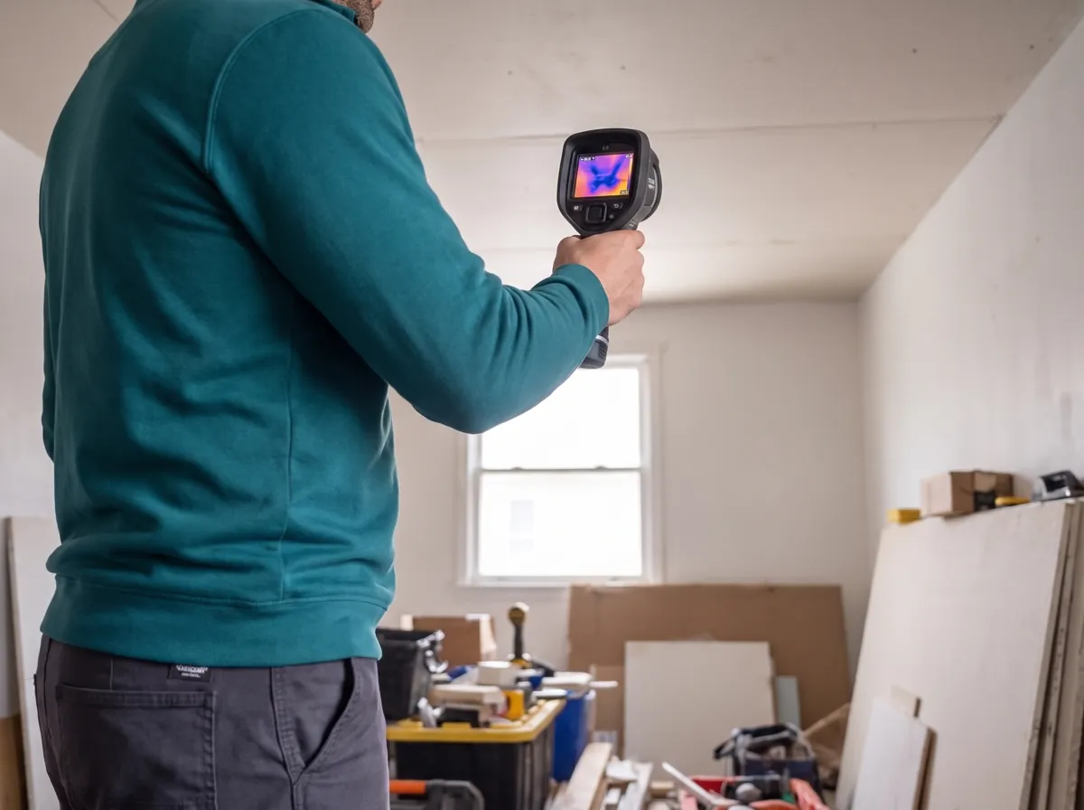Technician checks the ceiling below a laundry room with a thermal camera