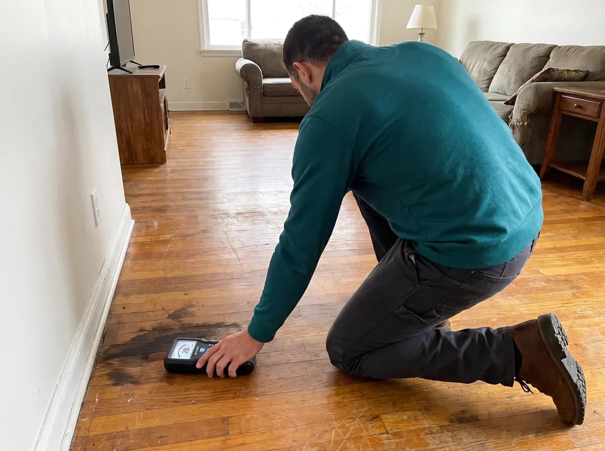 Technician lays a moisture meter flat on a rental unit hardwood floor next to a water stain