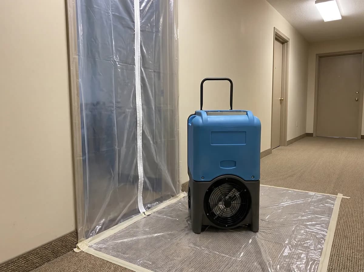 Dehumidifier next to a plastic containment wall in a building hallway