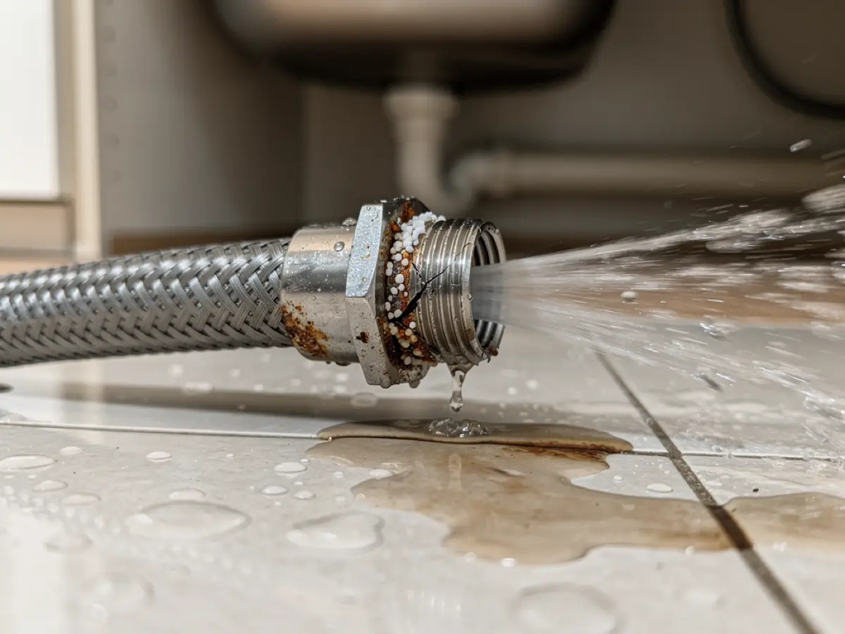 Close-up of a corroded braided supply line fitting under a sink spraying water