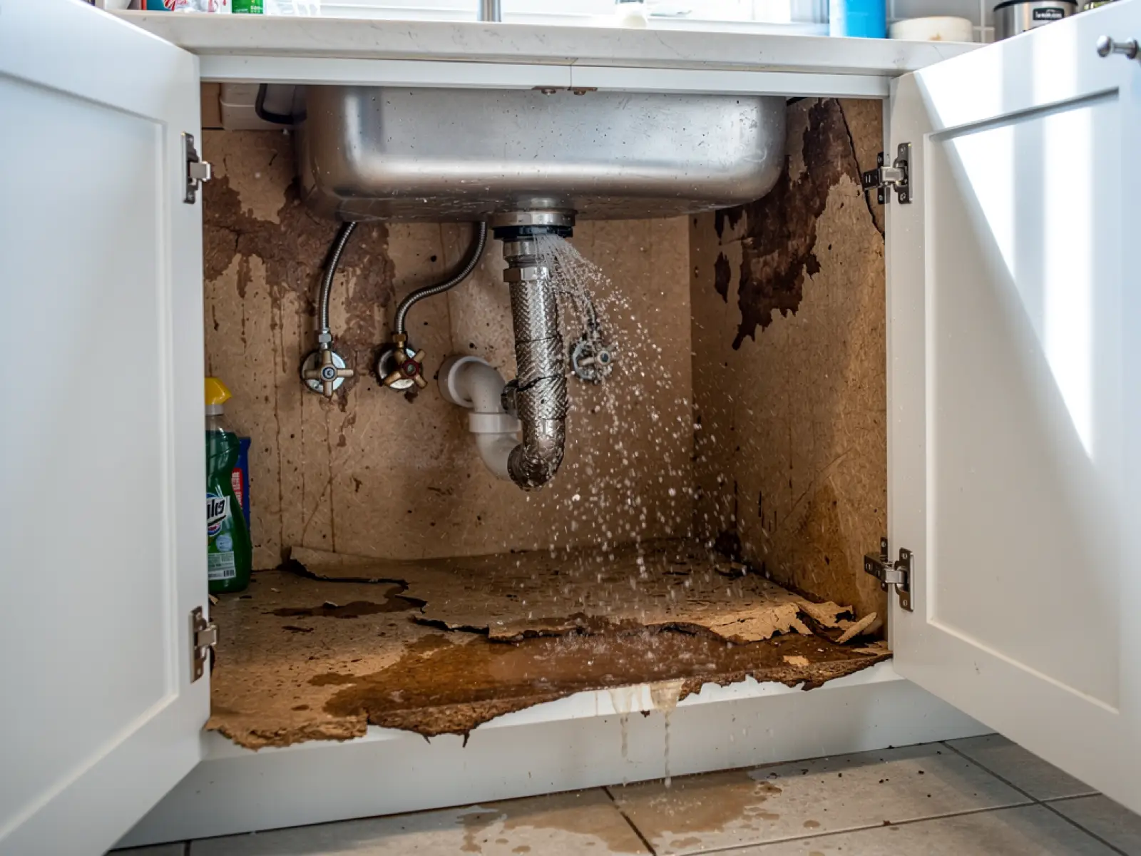 Open kitchen cabinet under a sink with a wet, swollen cabinet floor and a burst supply line