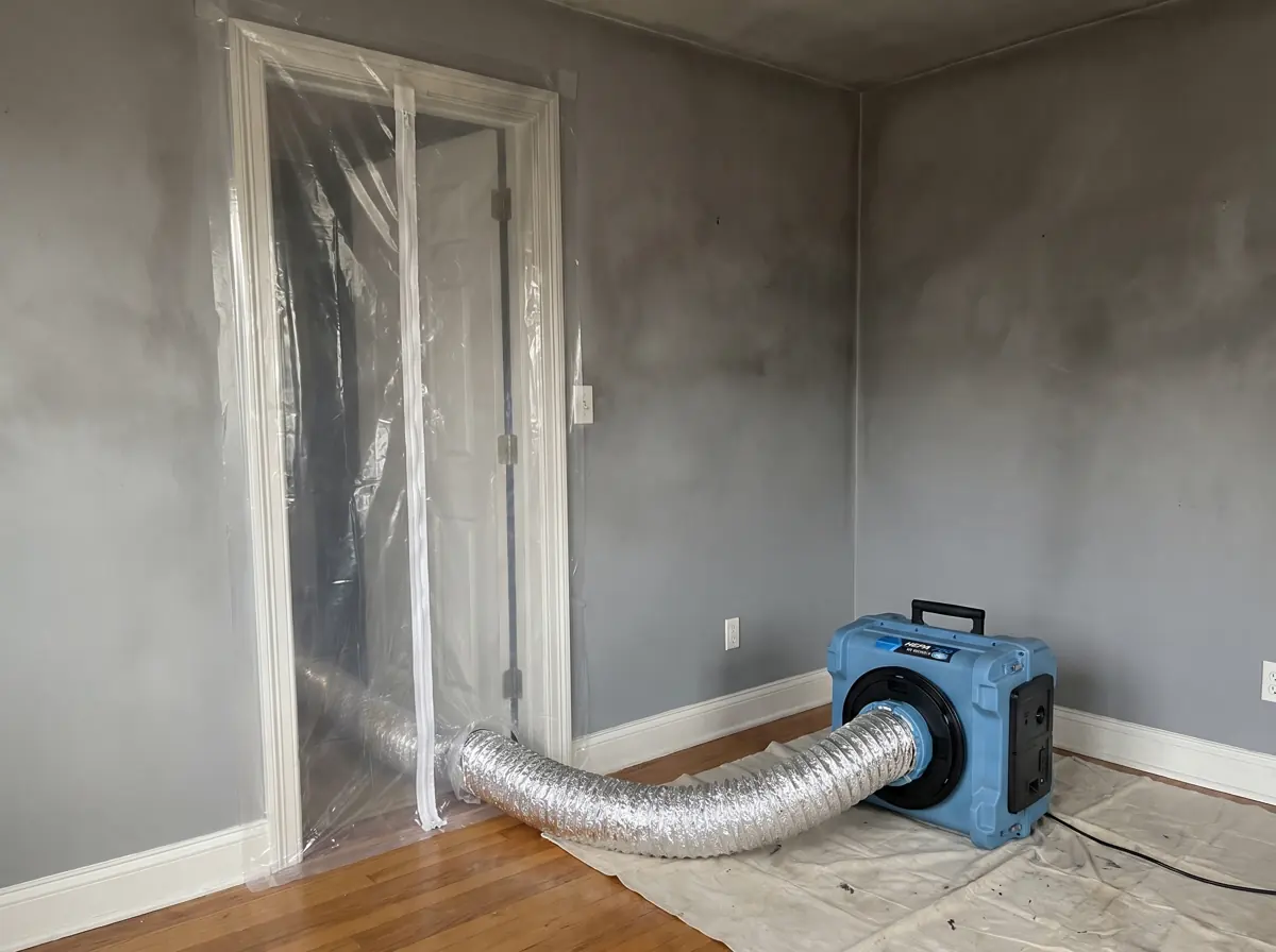Plastic containment with a zipper door and a HEPA air scrubber in a smoke-stained bedroom