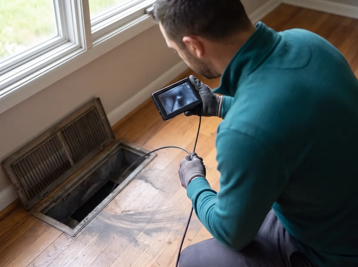 Technician feeding an inspection camera into a floor register to check the duct for soot