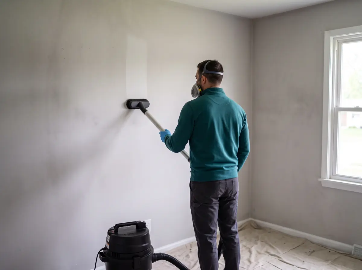 Technician with a respirator running a HEPA vacuum over a smoke-stained wall