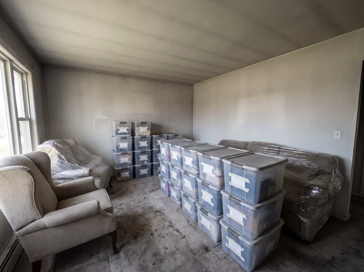 Rows of sealed storage bins beside wrapped furniture in a smoke-damaged living room