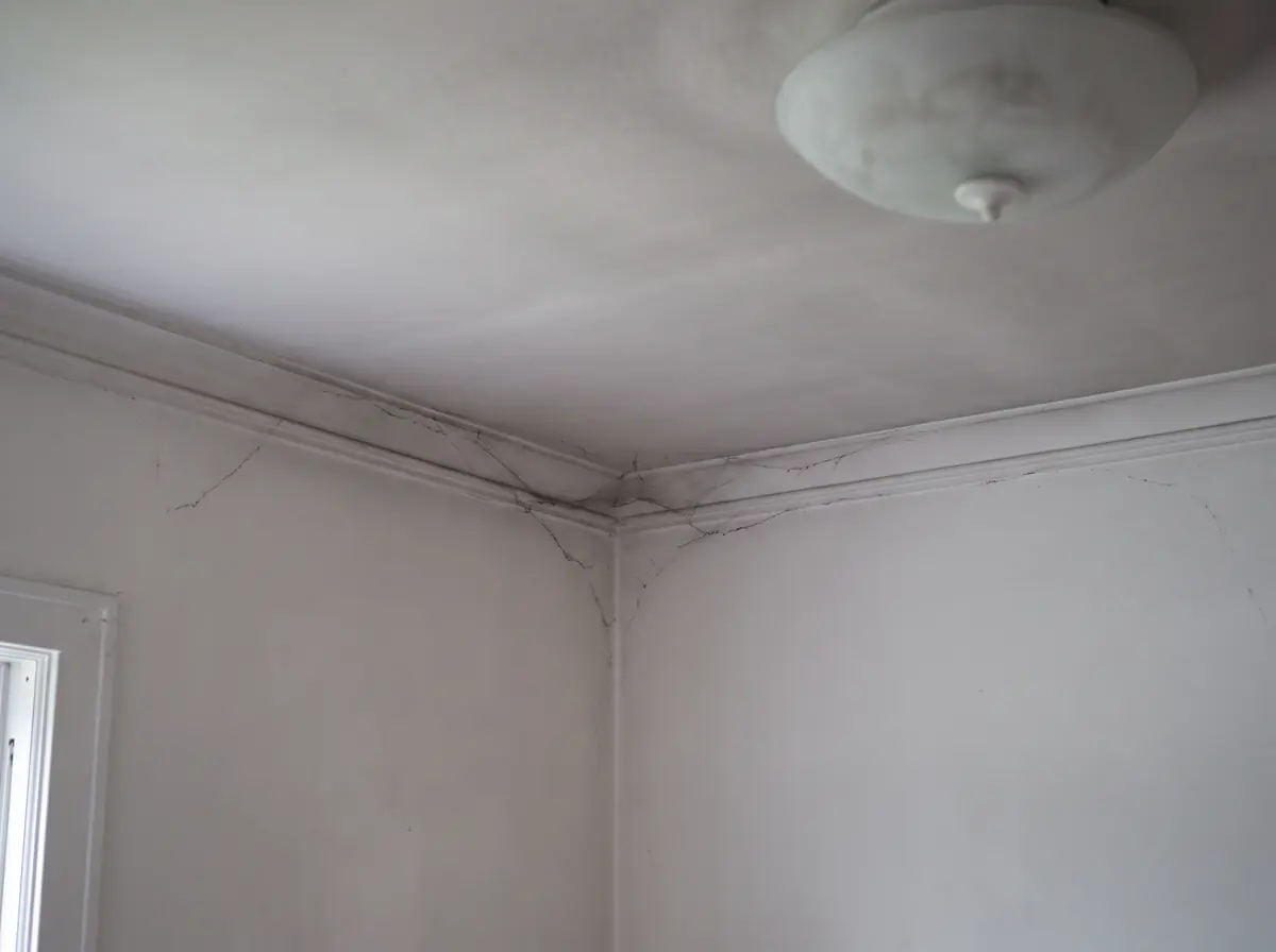 Living room ceiling corner and light fixture dulled by a thin gray soot film