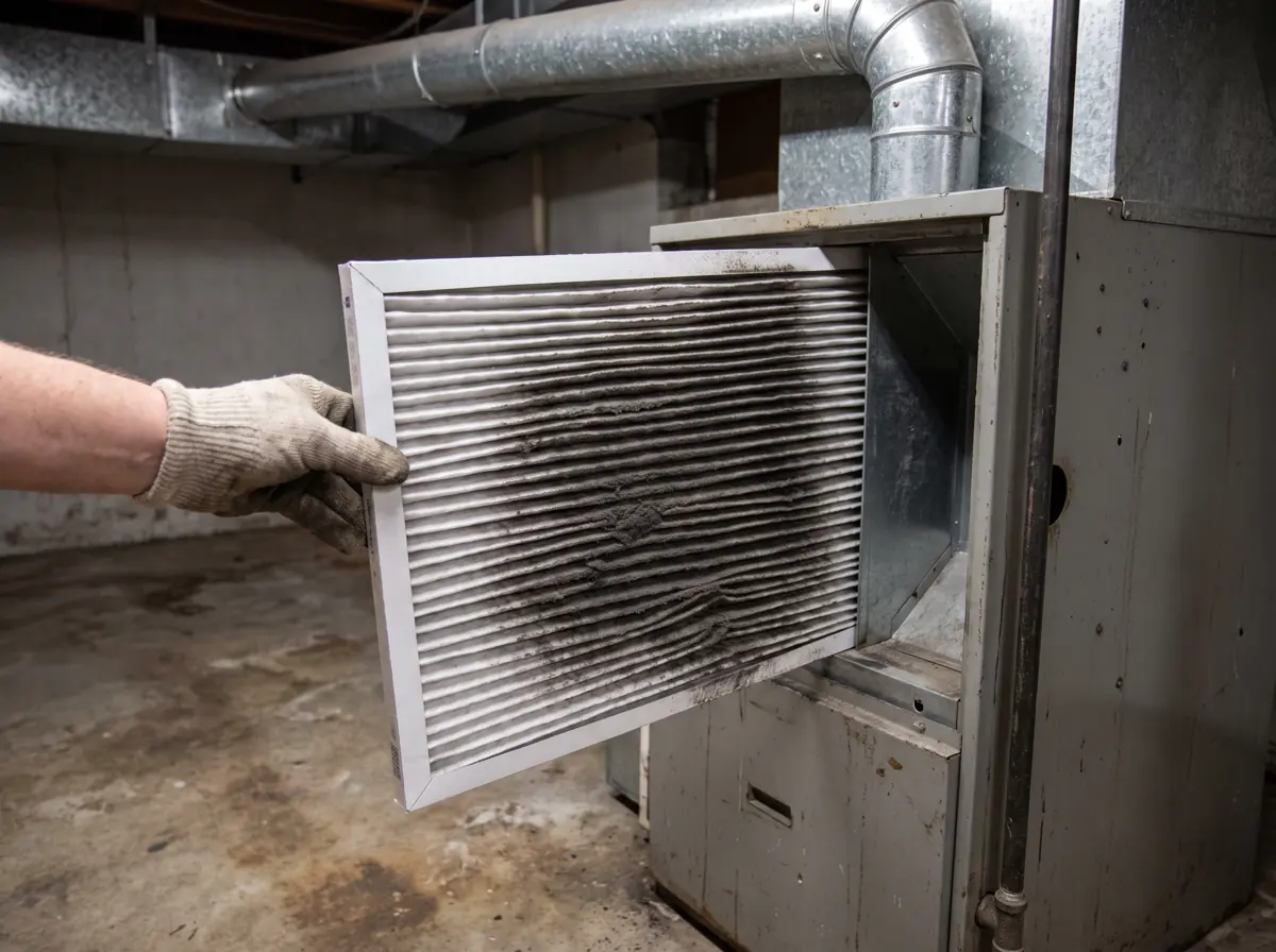 Gloved hand pulling a soot-darkened pleated filter out of a furnace