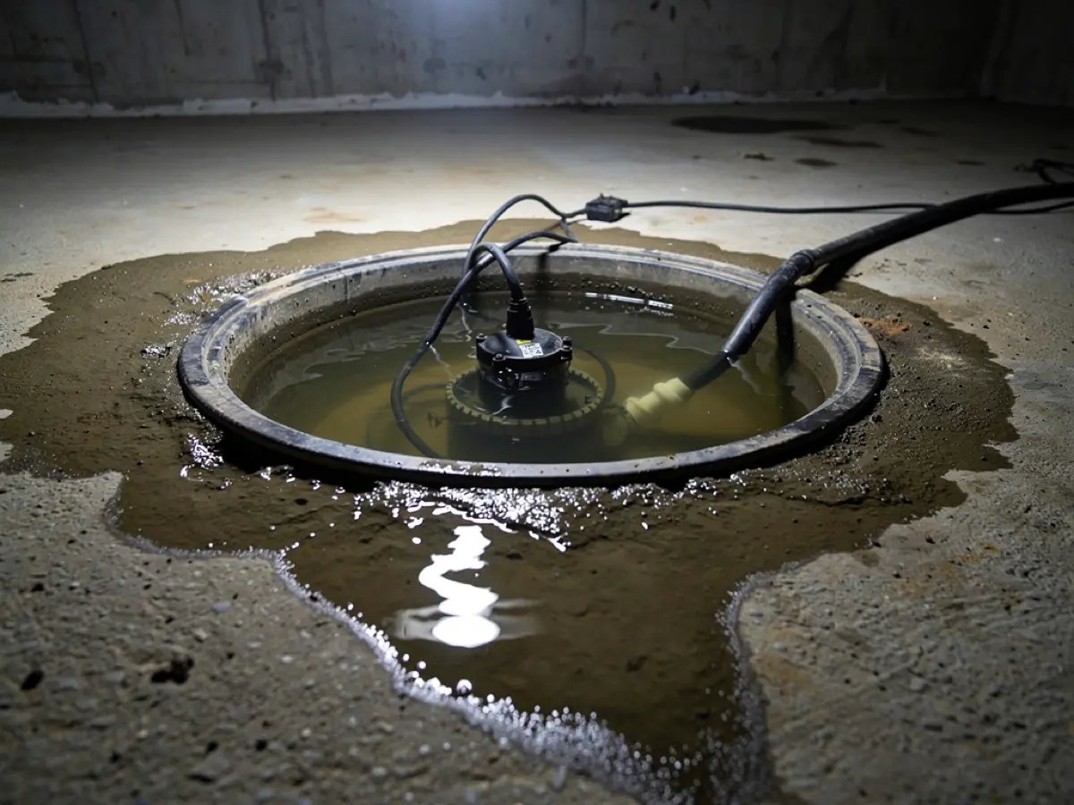 Close-up of a basement sump pit with a submerged pump and water overflowing the pit