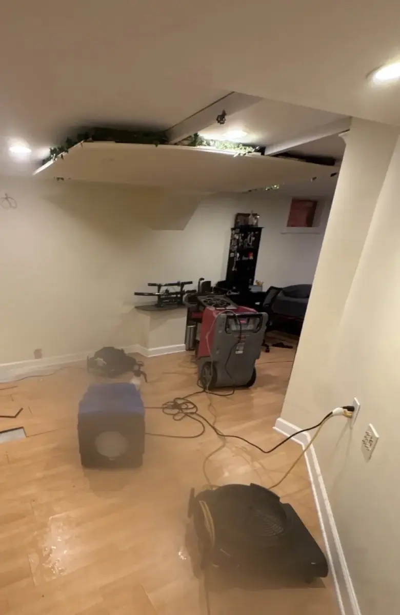 Ceiling drywall sagging heavily between joists with dark water staining