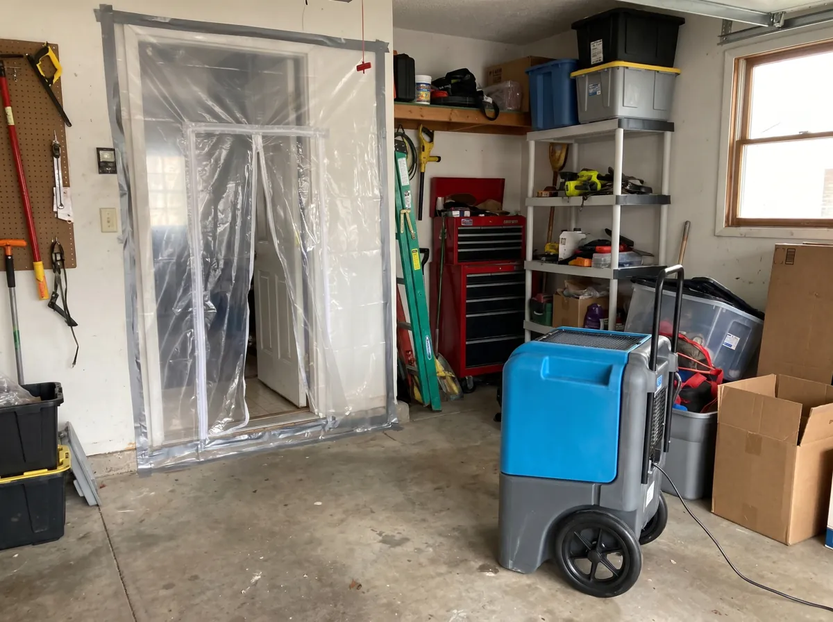 Dehumidifier inside plastic containment in a garage
