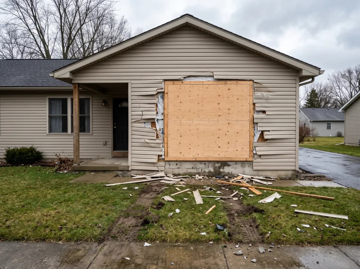 Plywood board-up over a wall a car hit, with debris and tire ruts in the lawn
