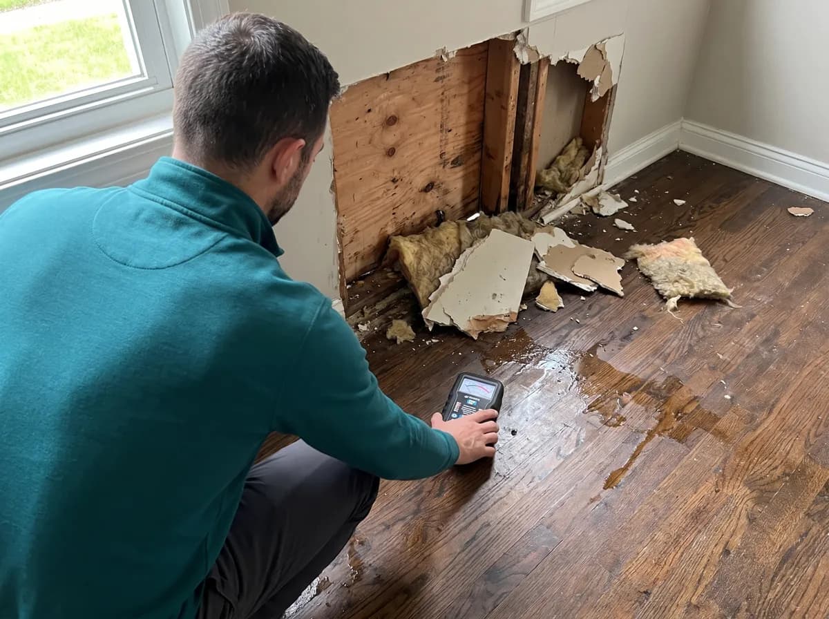 Technician lays a moisture meter flat on a wet hardwood floor at the base of a damaged wall