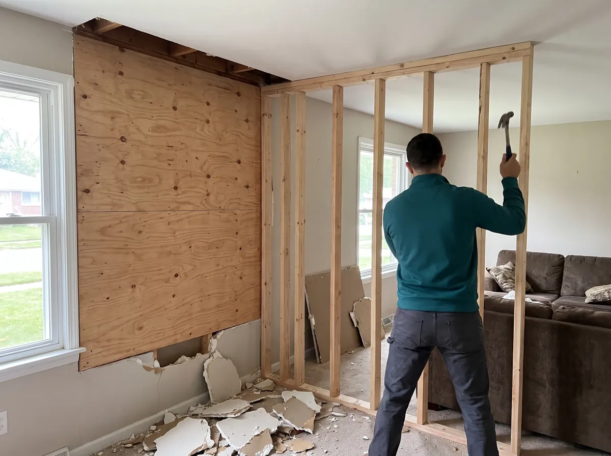 Temporary 2x4 support wall braced under the ceiling beside a boarded wall