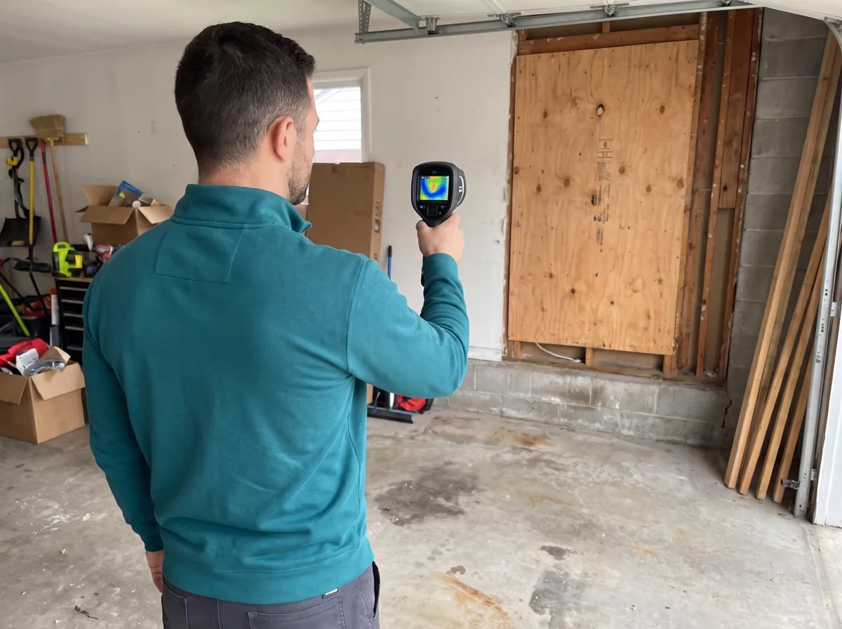 Technician checks a damaged garage wall with a thermal camera