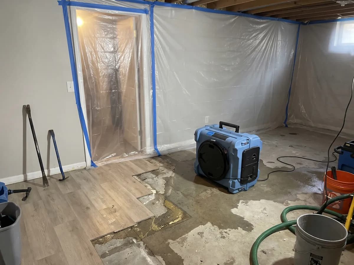 Air scrubber inside a contained basement during floor removal