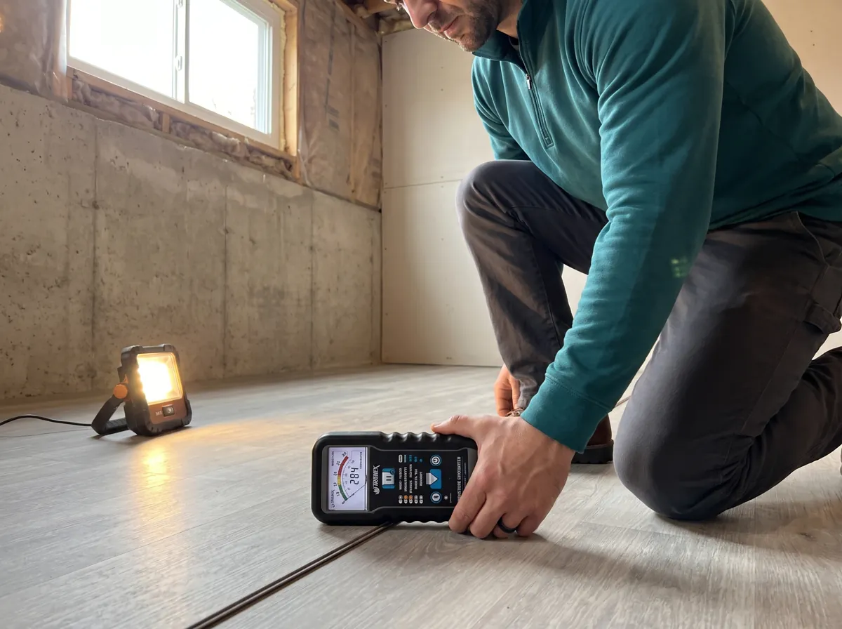 Moisture meter lying flat on a vinyl plank floor near a seam