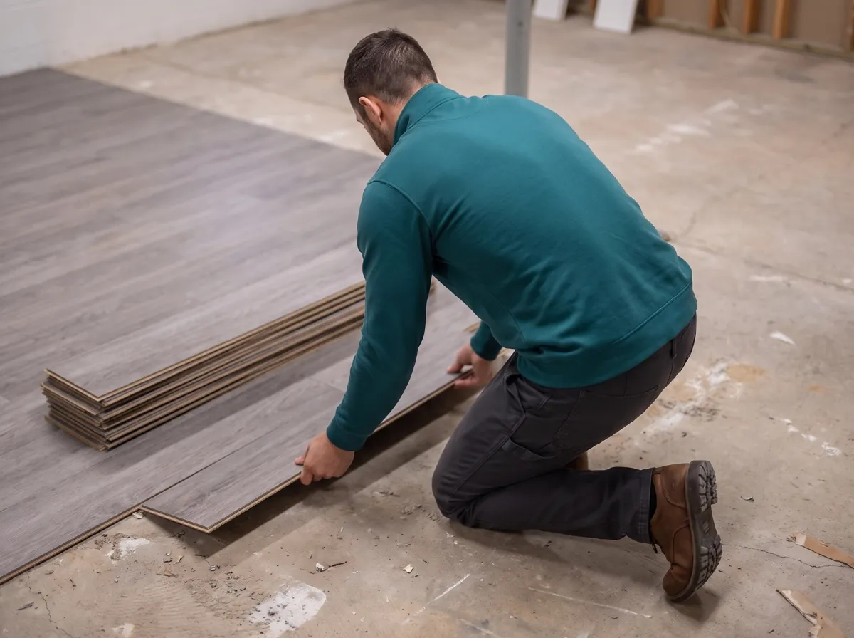 Technician lifts click-lock vinyl planks off a wet subfloor