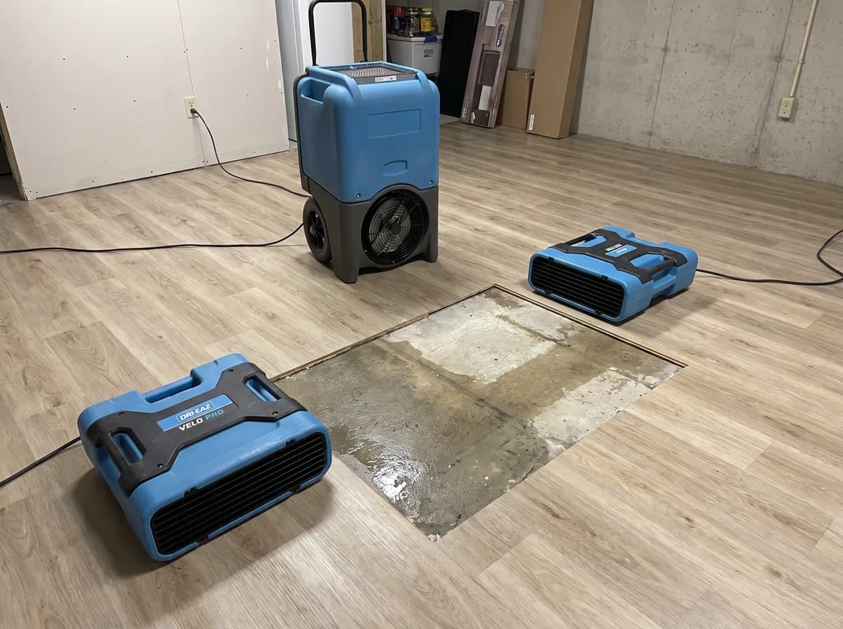 Air movers and a dehumidifier drying a basement with planks removed