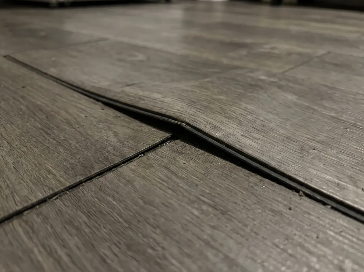 Close view of a vinyl plank floor seam lifting after water got under it