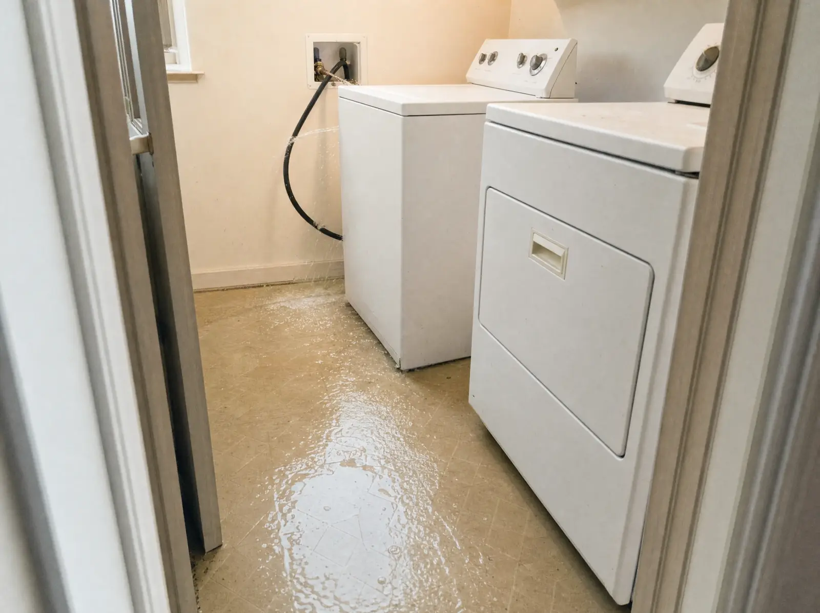 Split rubber supply hose spraying water behind a washing machine with water spreading across the laundry room floor