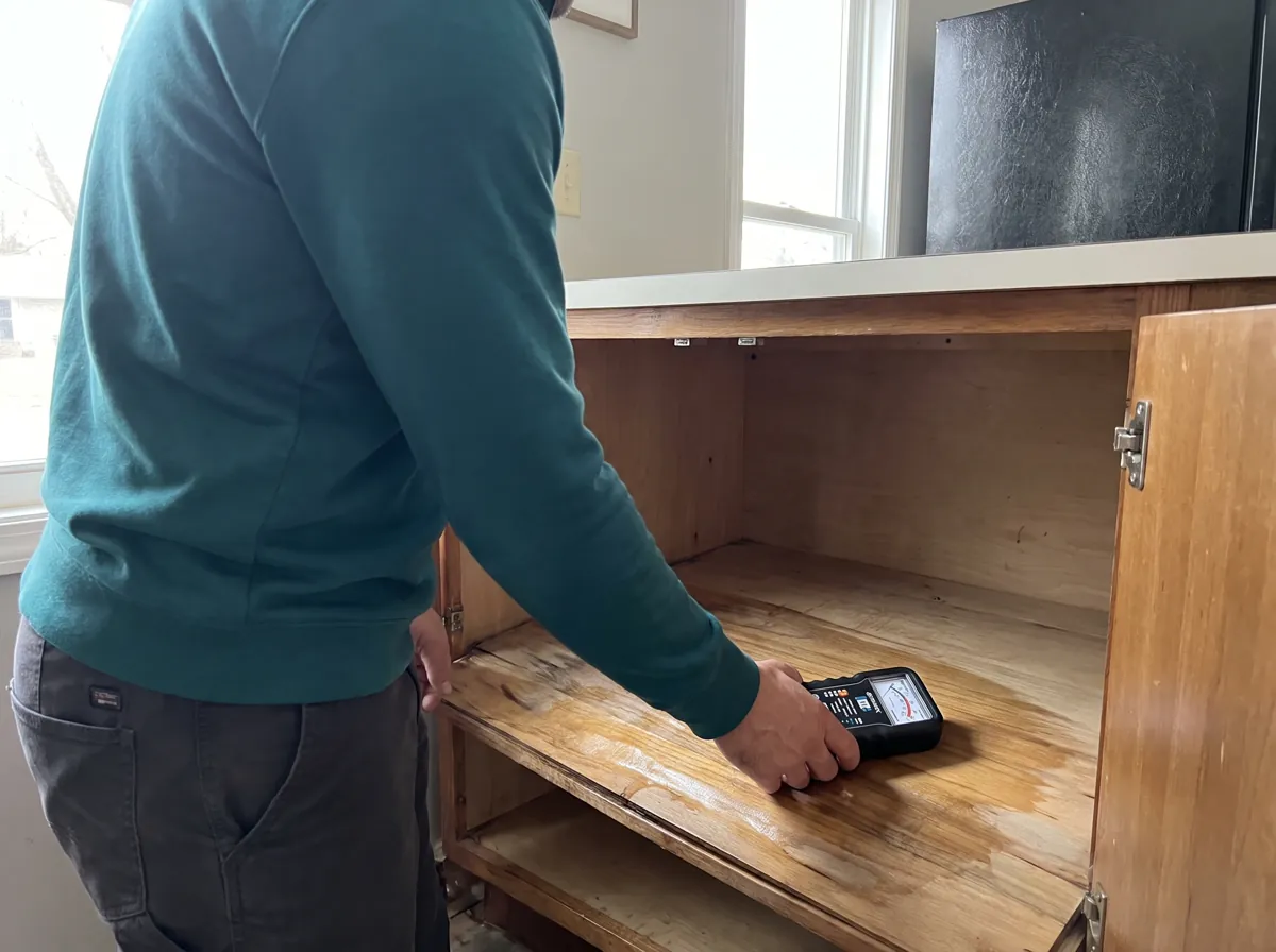 Moisture meter lying flat on the floor of a wet sink cabinet