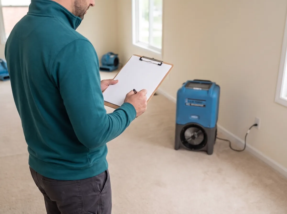 Technician reviews a written scope in a living room with drying equipment