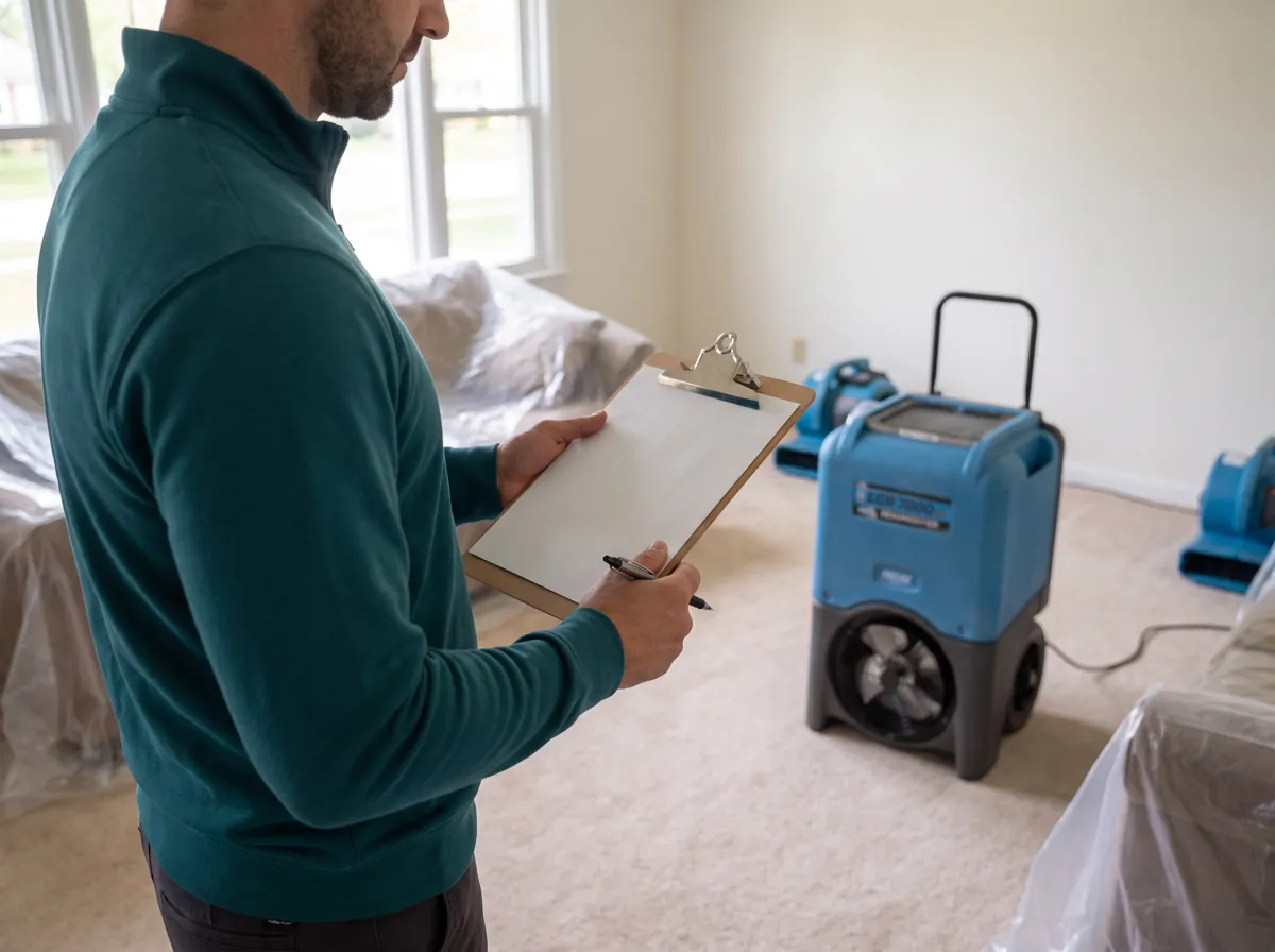 Technician writes up the scope on a clipboard next to a dehumidifier