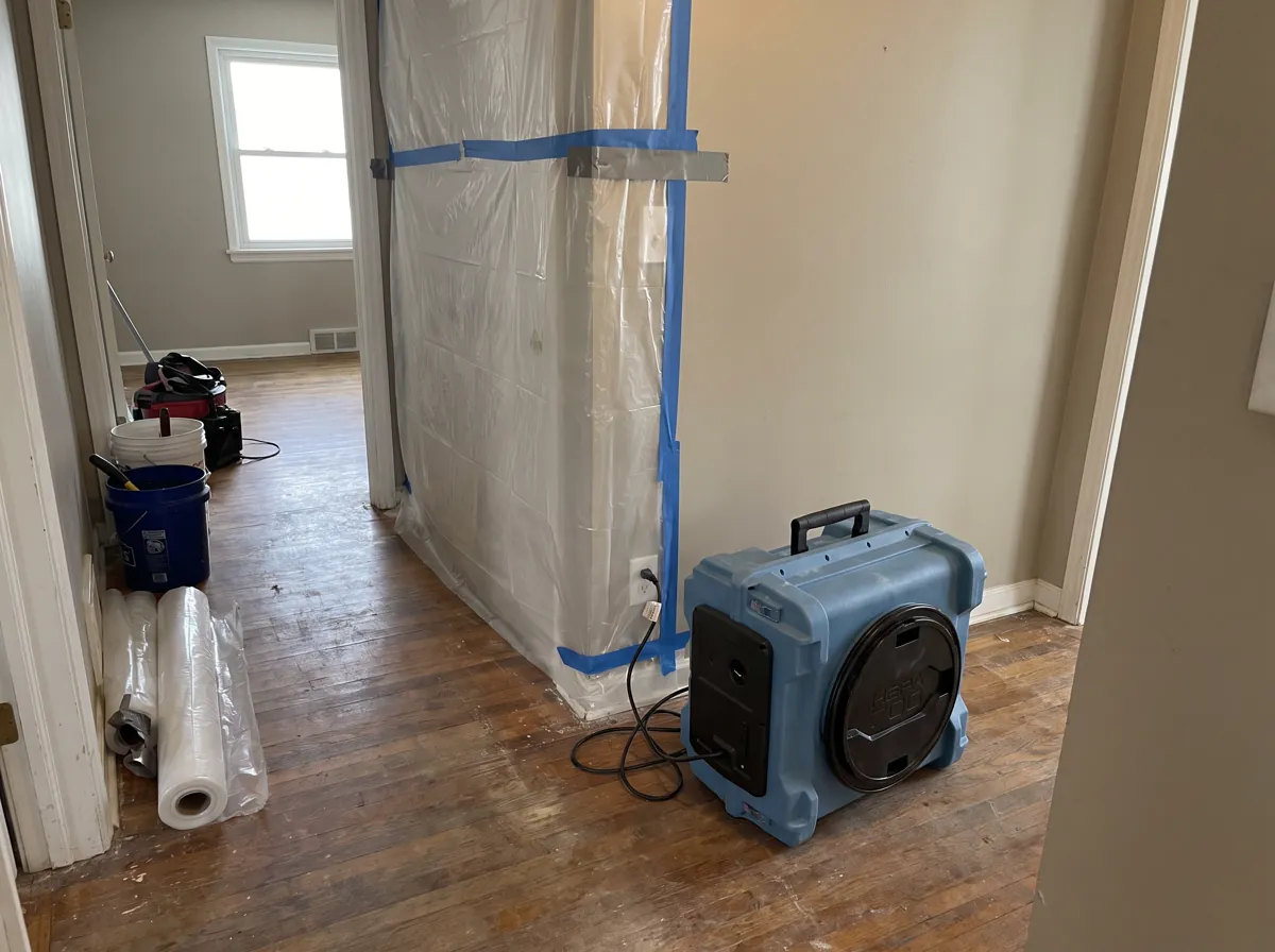 Air scrubber in a hallway next to plastic containment
